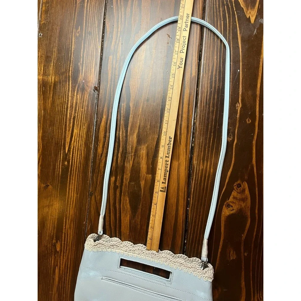 The Sak Bag, Hand Crochet Linden Chambray Light Blue Crossbody Clutch Scalloped